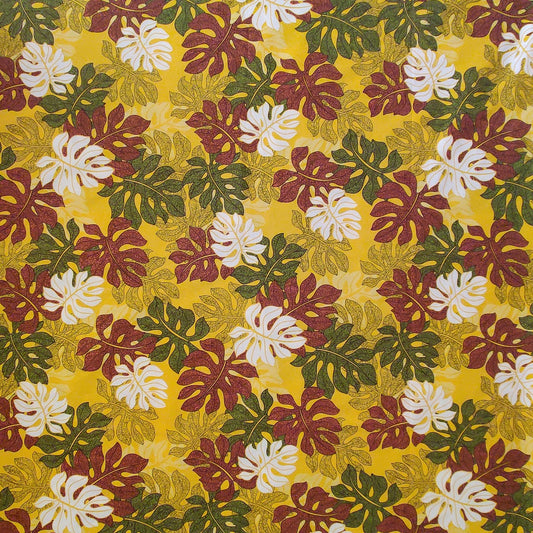 Tissu tahitien en coton monstera marron vert et blanc sur fond jaune