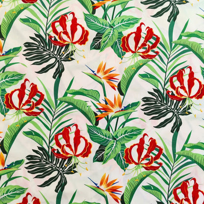 Tissu tahitien en coton, motifs oiseaux de paradis et feuillages tropical, vert et blanc