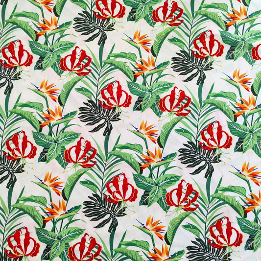 Tissu tahitien en coton, motifs oiseaux de paradis et feuillages tropical, vert et blanc