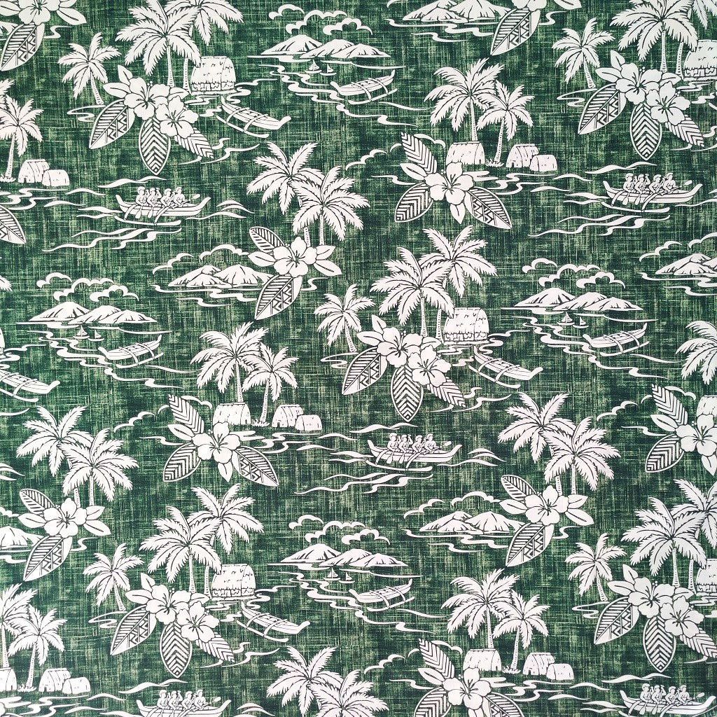 Tissu tahitien en coton, paysages polynésiens pirogues cocotiers et faré vert et blanc - Edition limitée