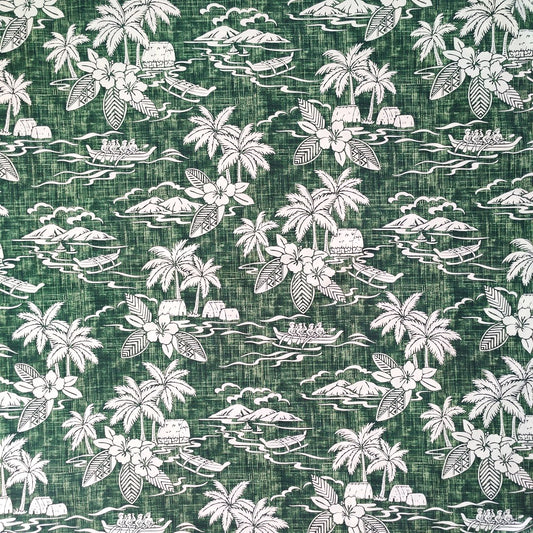 Tissu tahitien en coton, paysages polynésiens pirogues cocotiers et faré vert et blanc - Edition limitée