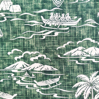 Détails tissu tahitien en coton, paysages polynésiens 4 hommes dans une pirogue couleur vert et blanc