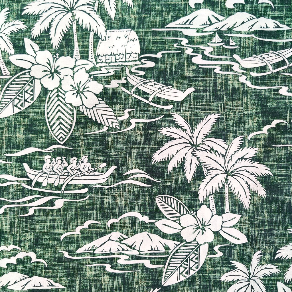 Tissu tahitien en coton, paysages polynésiens pirogues cocotiers hibiscus et faré vert et blanc 