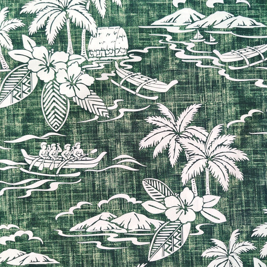 Tissu tahitien en coton, paysages polynésiens pirogues cocotiers hibiscus et faré vert et blanc 
