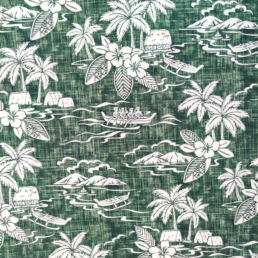 Tissu tahitien en coton, paysages polynésiens pirogues cocotiers et faré vert et blanc - Métrage limité