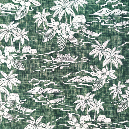 Tissu tahitien en coton, paysages polynésiens pirogues cocotiers et faré vert et blanc - Métrage limité