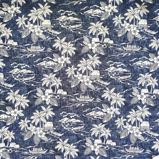 Tissu tahitien en coton ,paysages polynésiens - pirogues va'a - bleu et blanc en édition limitée