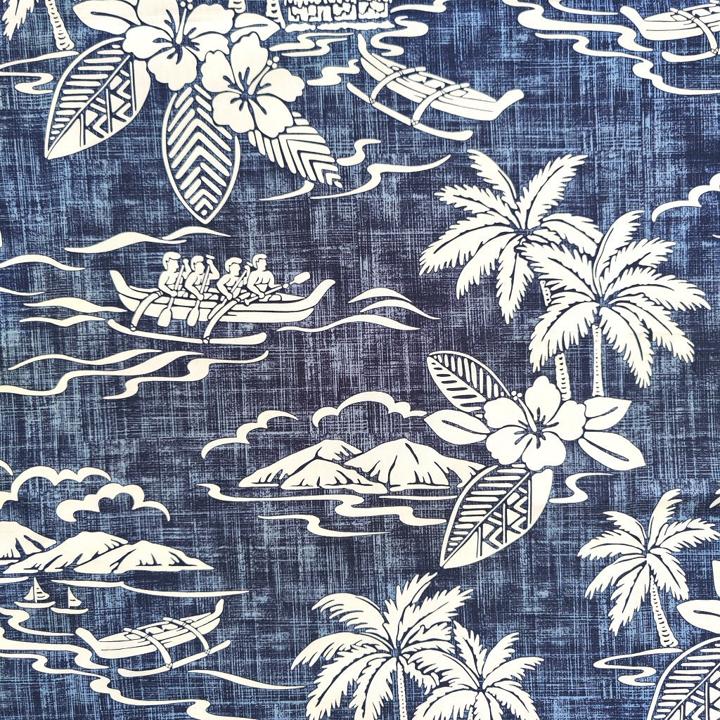 Tissu tahitien en coton ,paysages polynésiens - pirogues va'a - bleu et blanc - édition limitée acun réassort.