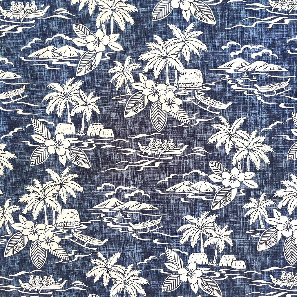 Tissu tahitien en coton ,paysages polynésiens - cocotiers et pirogues va'a - bleu et blanc en édition limitée