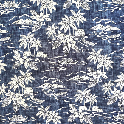 Tissu tahitien en coton ,paysages polynésiens - cocotiers et pirogues va'a - bleu et blanc en édition limitée