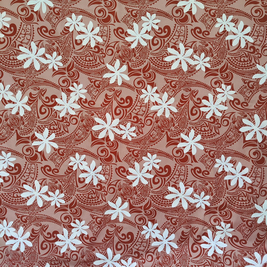 Tissu tahitien en coton avec des motifs tatouages et tiaré blanc et marron -Edition limitée