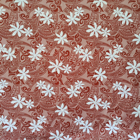 Tissu tahitien en coton avec des motifs tatouages et tiaré blanc et marron -Edition limitée