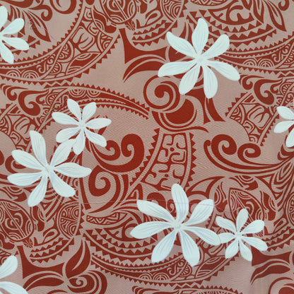Tissu tahitien en coton avec des motifs tatouages et tiaré blanc et marron -Métrage limité