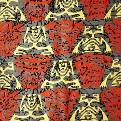 Coupon 25 x 110 cm - Tissu tahitien coton Tiki stylisé jaune et rouge
