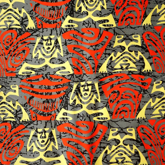 Coupon 25 x 110 cm - Tissu tahitien coton Tiki stylisé jaune et rouge