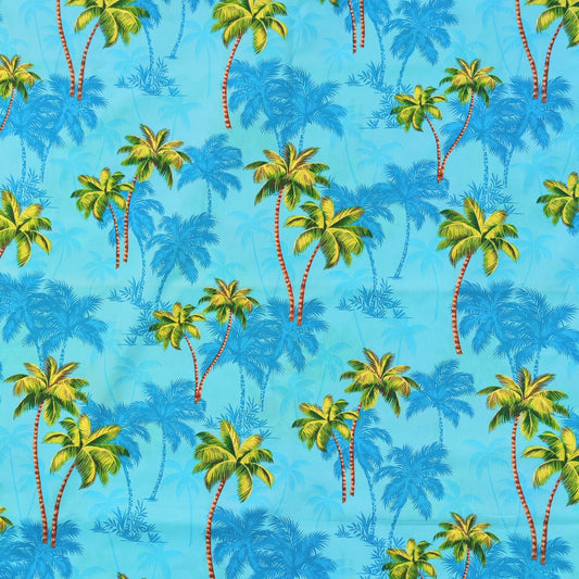 Tissu tahitien cocotiers des îles - bleu turquoise-100% coton
