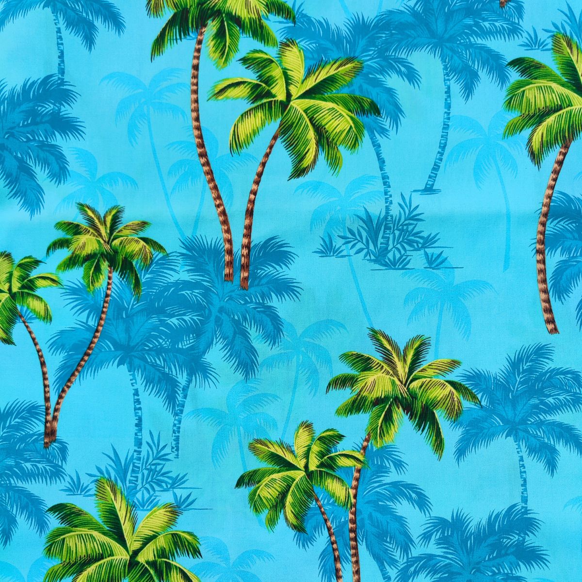 Tissu polynésien en coton- motifs coccotiers bleu turquoise et vert