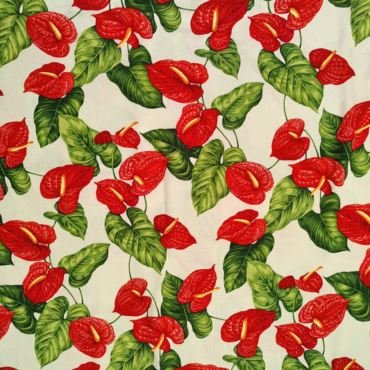 Tissu tahitien Anthurium rouge sur fond beige Tissu 100% fibranne fluide et légère Edition limitée