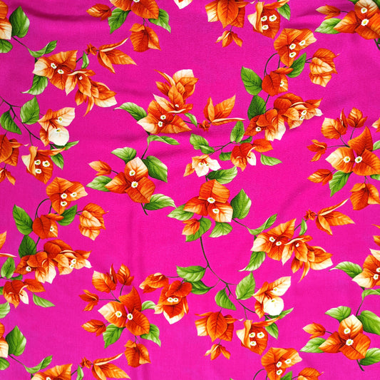 Tissu tahitien en fibranne motifs bougainvilliers orange sur fond rose fuschia Edition limitée