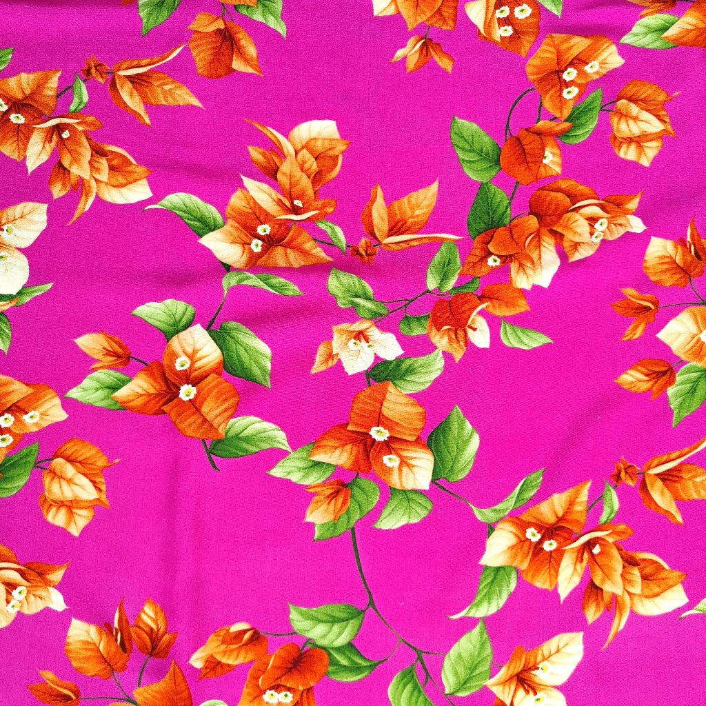 Tissu tahitien bougainvilliers orange sur fond rose fuschia lumineux tissu viscose non transparent aucun réassort