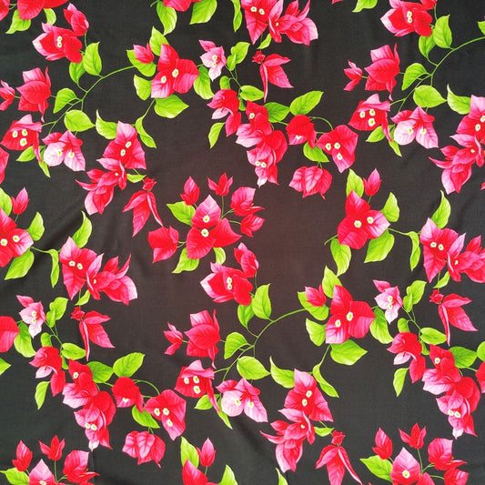 Tissu tahitien à plat fibranne bougainvilliers rose sur noir lumineux parfait pour robes fluides kimono chemisier