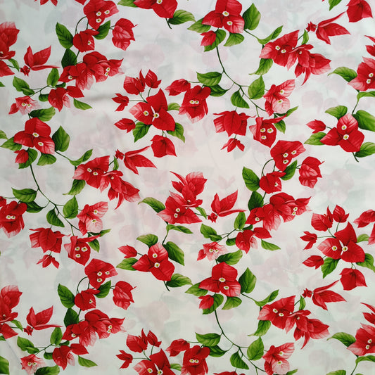 Tissu tahitien fibranne bougainvilliers rouge sur fond blanc lumineux parfait pour robes fluides ou kimono