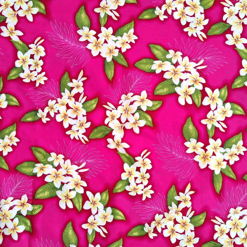 Tissu tahitien coton Frangipaniers - blanc, jaune et rose