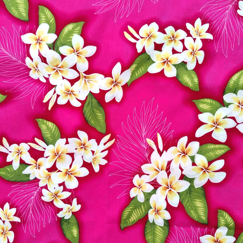 Tissu tahitien coton Frangipaniers - blanc, jaune et rose
