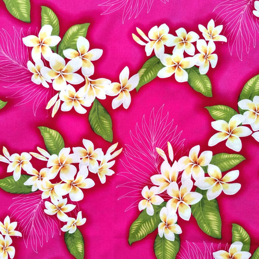 Tissu tahitien coton Frangipaniers - blanc, jaune et rose