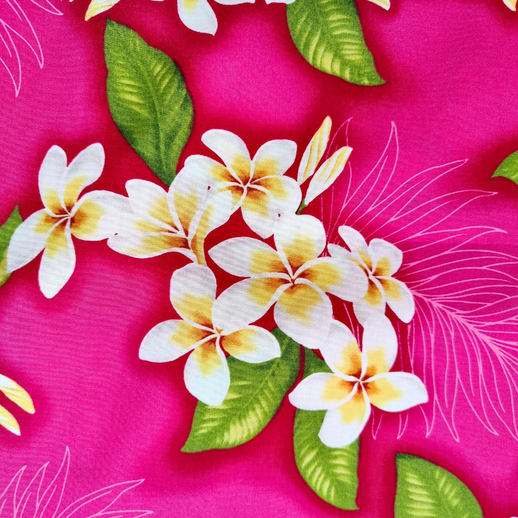 Tissu tahitien coton Frangipaniers - blanc, jaune et rose