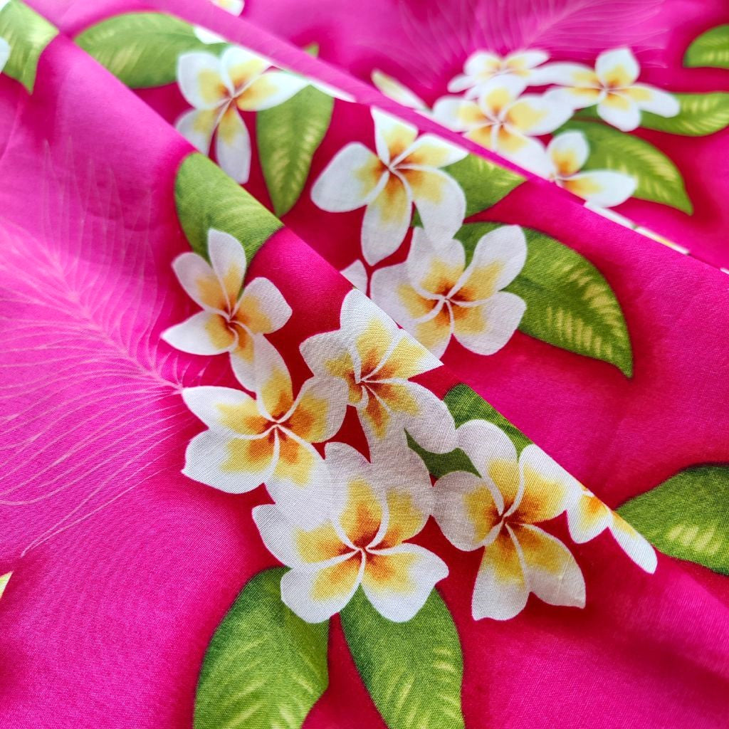 Tissu tahitien coton Frangipaniers - blanc, jaune et rose