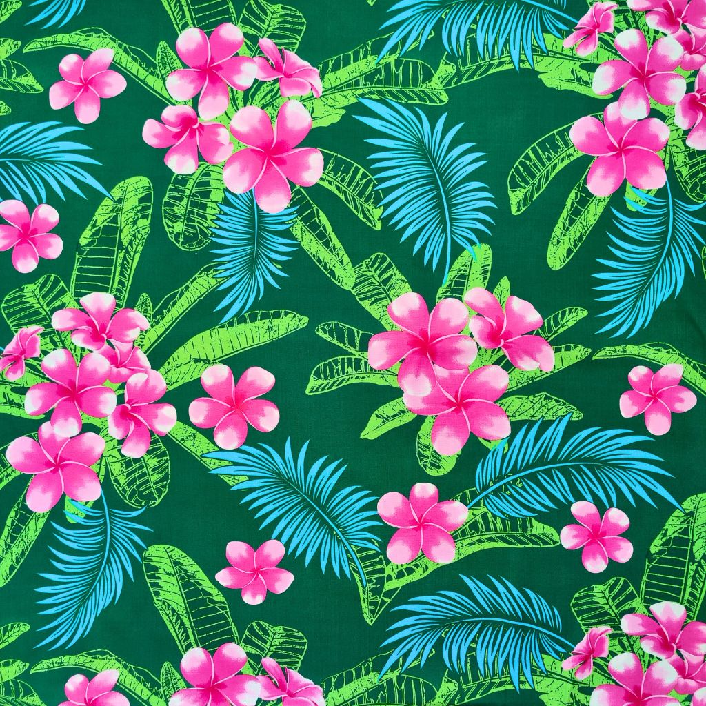 Tissu tahitien fibranne Frangipaniers - rose et vert