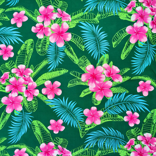 Tissu tahitien fibranne Frangipaniers - rose et vert