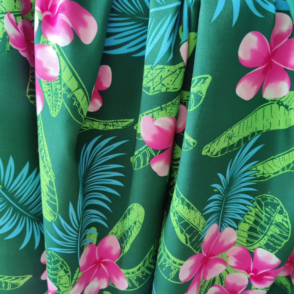 Tissu tahitien fibranne Frangipaniers - rose et vert