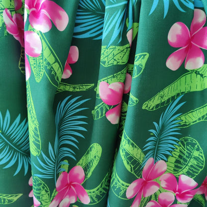 Tissu tahitien fibranne Frangipaniers - rose et vert
