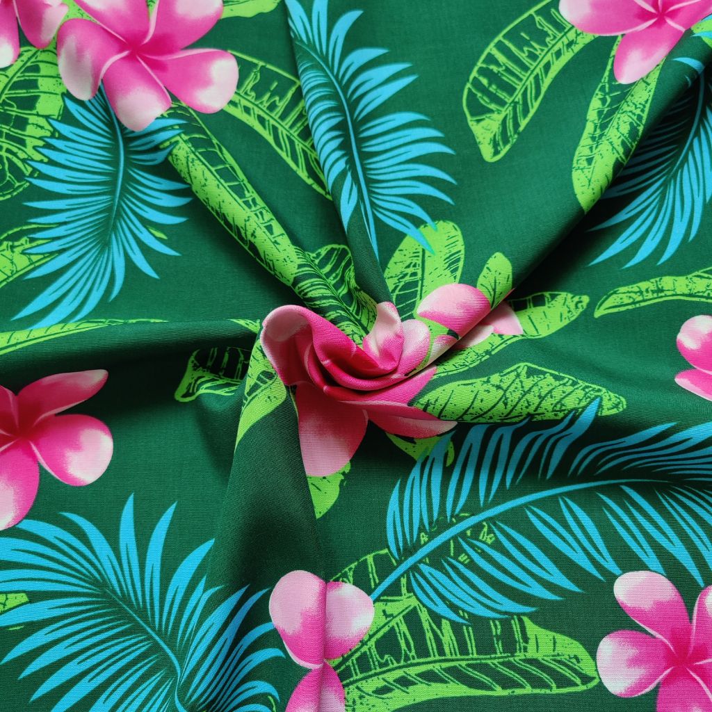 Tissu tahitien fibranne Frangipaniers - rose et vert