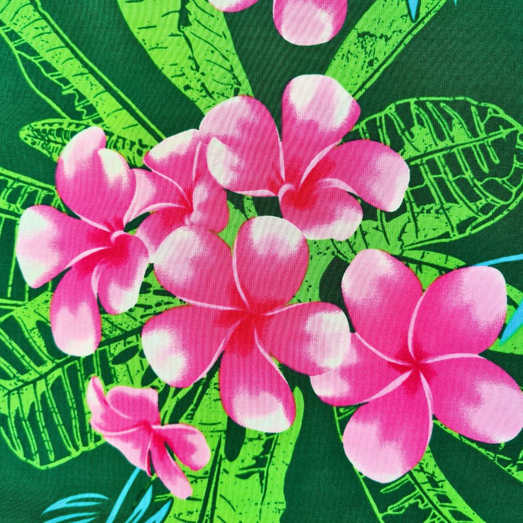 Tissu tahitien fibranne Frangipaniers - rose et vert