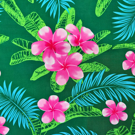 Tissu tahitien fibranne Frangipaniers - rose et vert