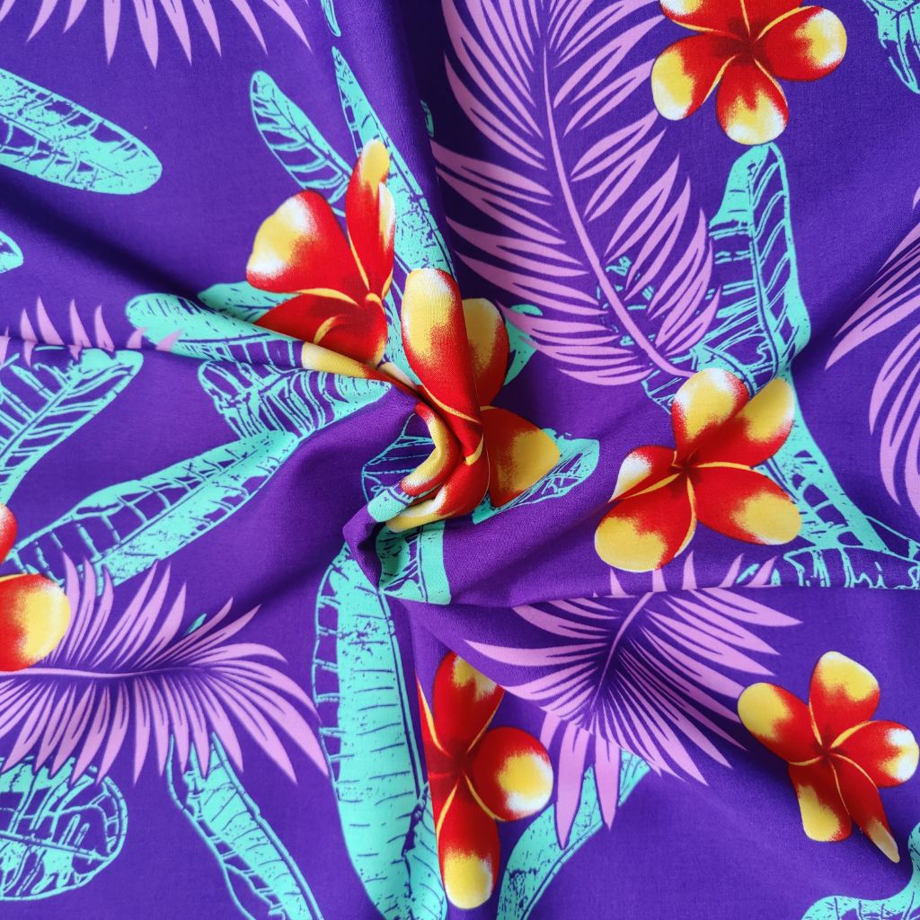 Tissu tahitien fibranne Frangipaniers - rouge et violet
