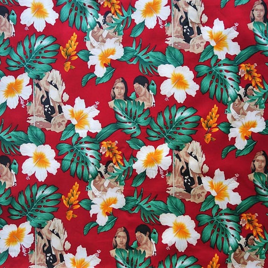Tissu coton tahitien motifs hibiscus, monstera et peinture de Gauguin - rouge et vert