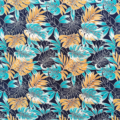 Tissu tahitien monstera en coton - couleurs bronze turquoise et bleu marine - Dernier coupon.