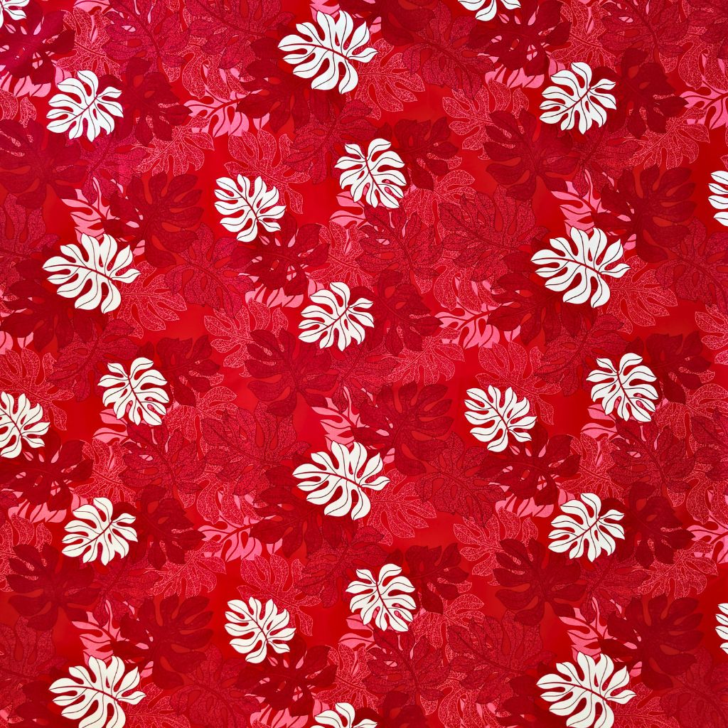 Tissu tahitien monstera tropical rouge et blanc 100% coton prémium
