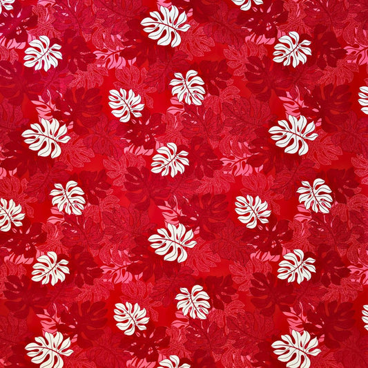 Tissu tahitien monstera tropical rouge et blanc 100% coton prémium