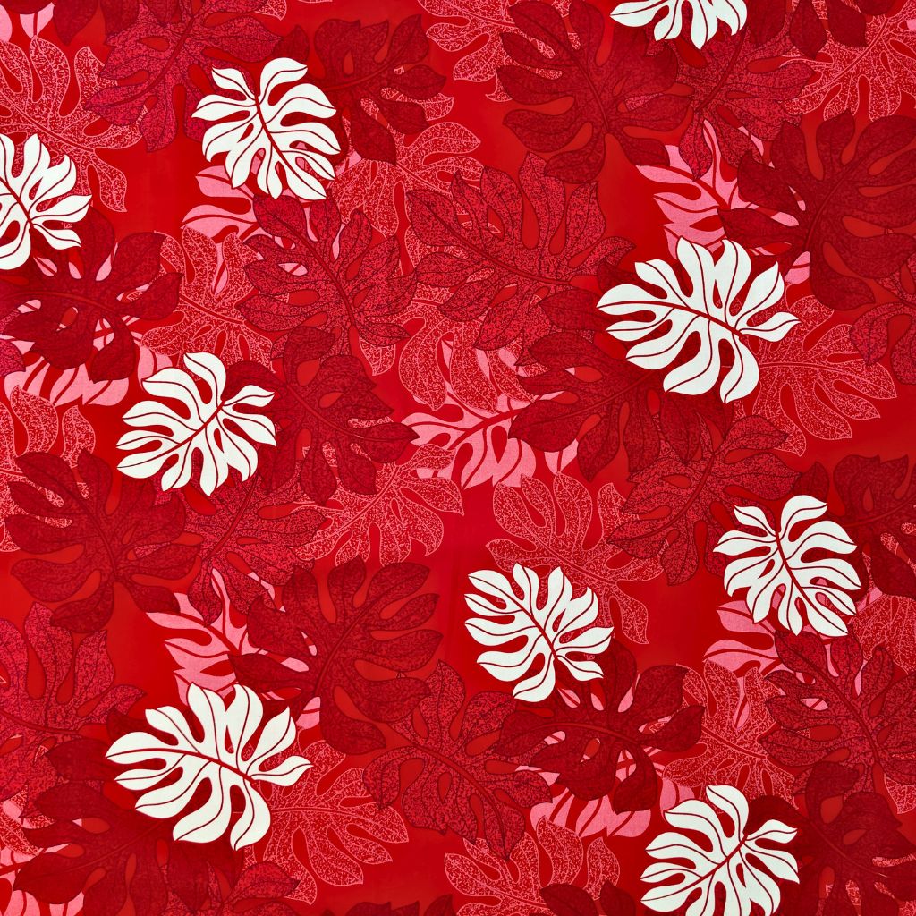 Tissu tahitien monstera tropical rouge et blanc 100% coton prémium