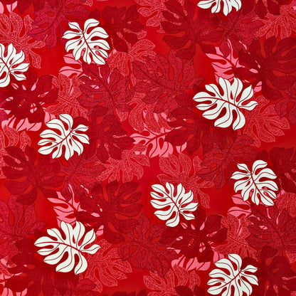 Tissu tahitien monstera tropical rouge et blanc 100% coton prémium