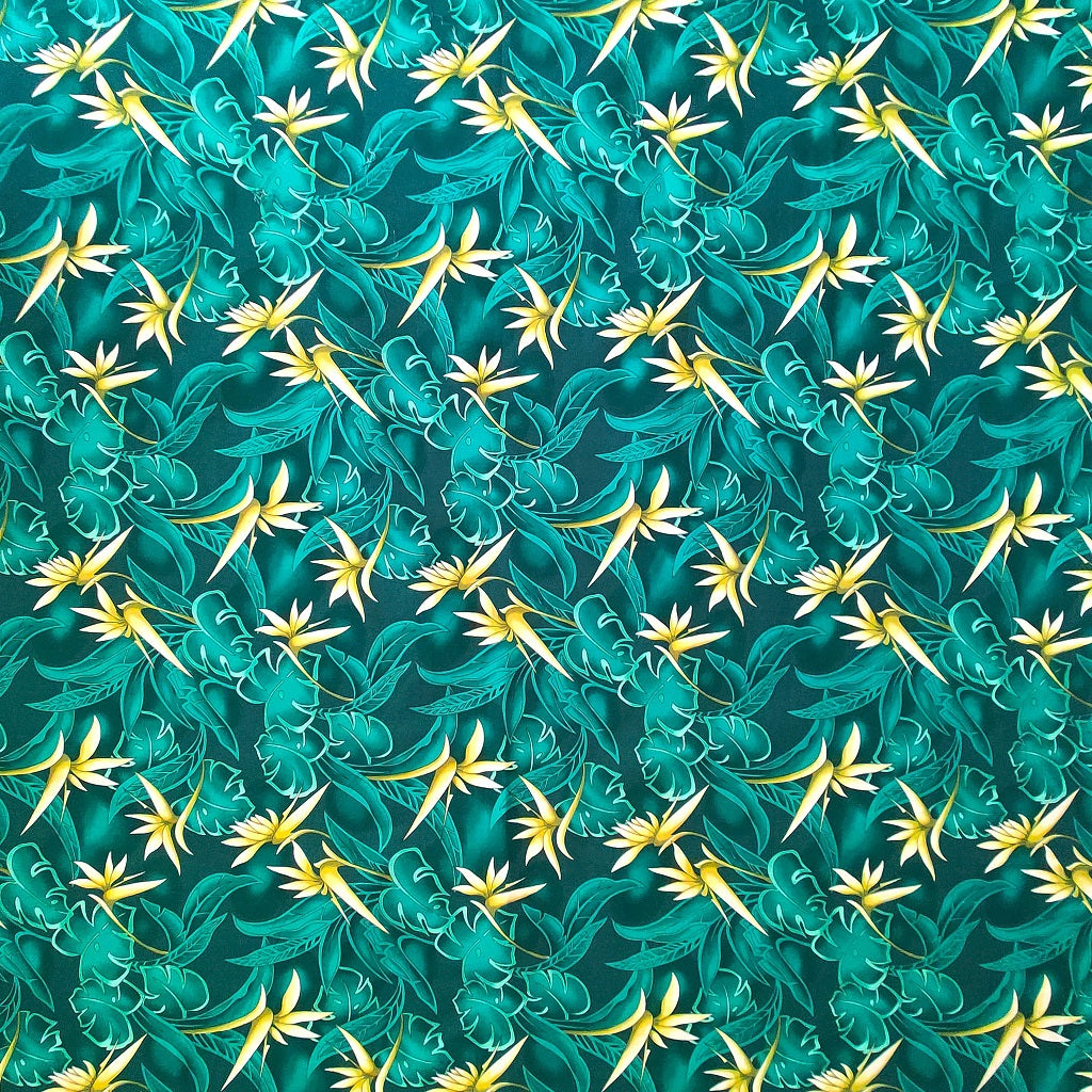 Tissu tahitien en coton oiseaux de paradis jaune sur fond vert émeraude  - Coupon de 2 mètres