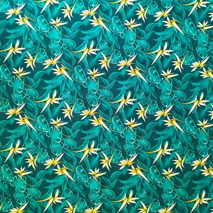 Tissu tahitien en coton oiseaux de paradis jaune sur fond vert émeraude  - Coupon de 2 mètres