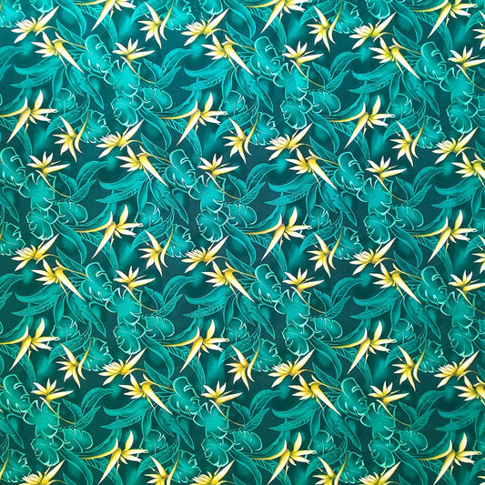 Tissu tahitien en coton oiseaux de paradis jaune sur fond vert émeraude  - Coupon de 2 mètres