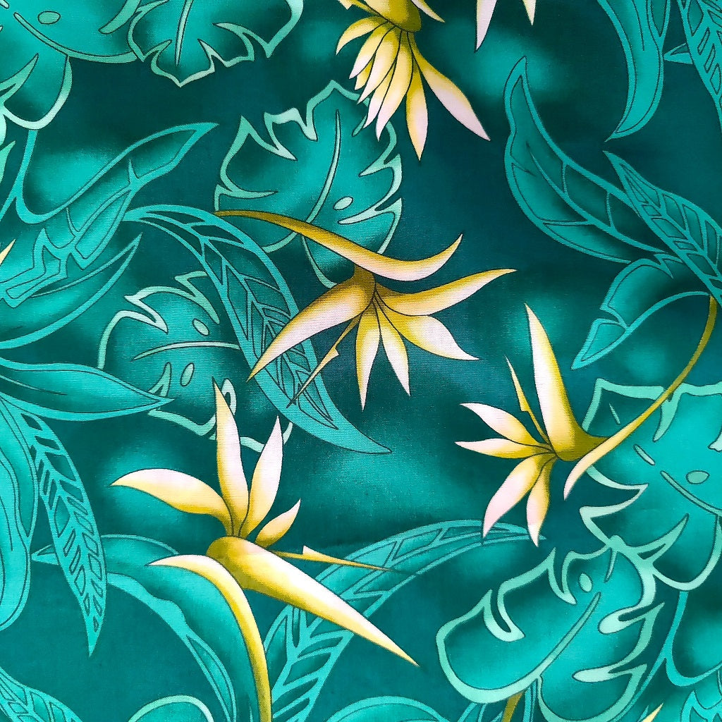 détails tissu tahitien coton premium oiseaux de paradis jaune sur feuillages vert émeraude - Edition limitée