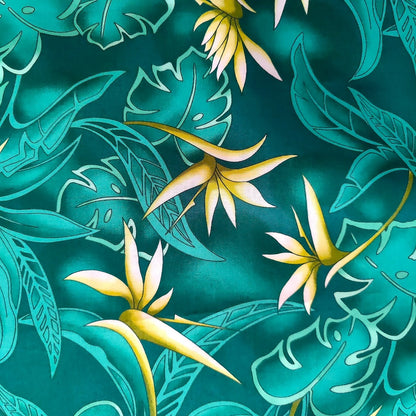 détails tissu tahitien coton premium oiseaux de paradis jaune sur feuillages vert émeraude - Edition limitée